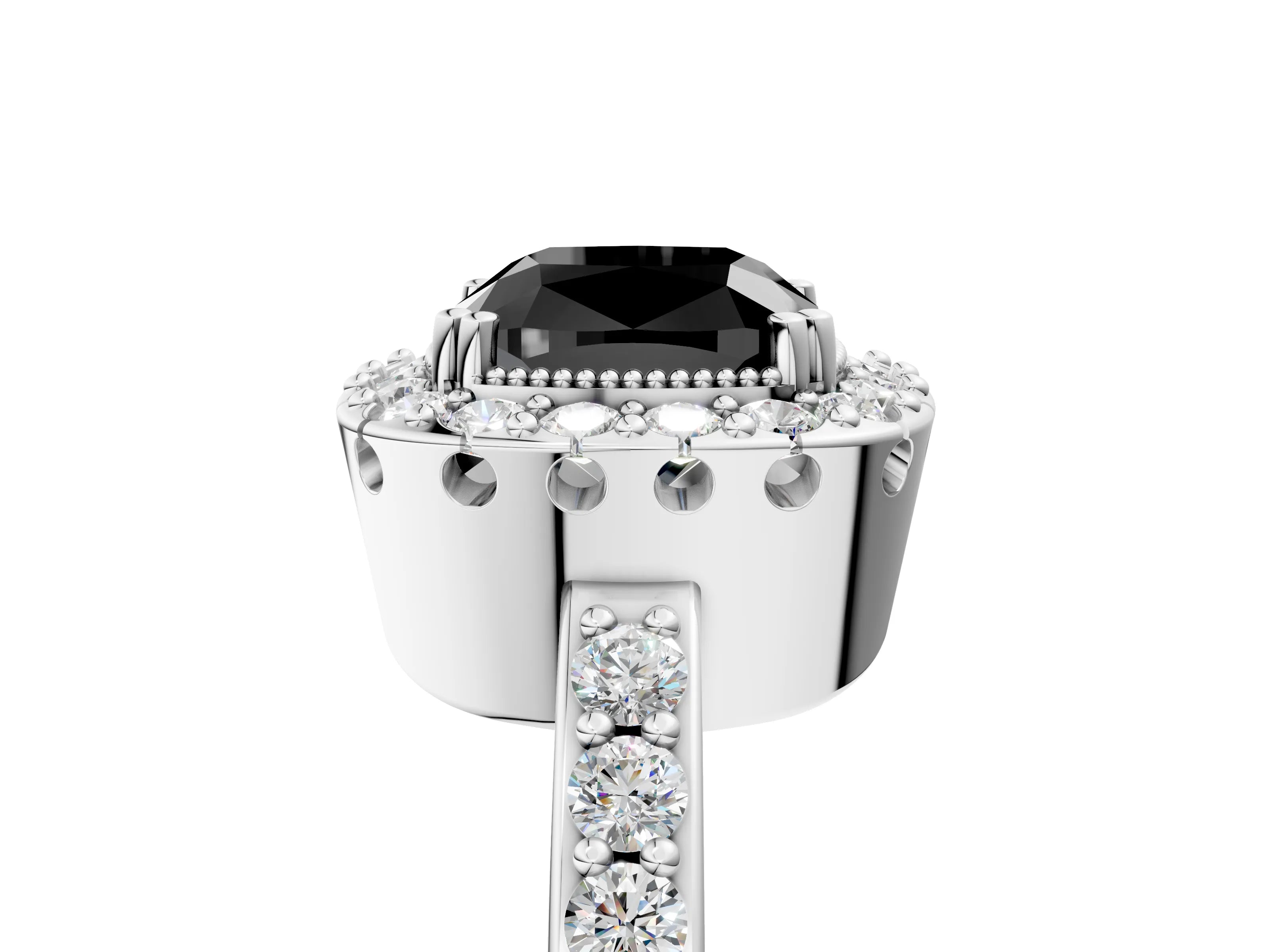White gold Fancy Black Cushion Cut Diamond Halo Ring with Pavé Band and Prong Setting_29