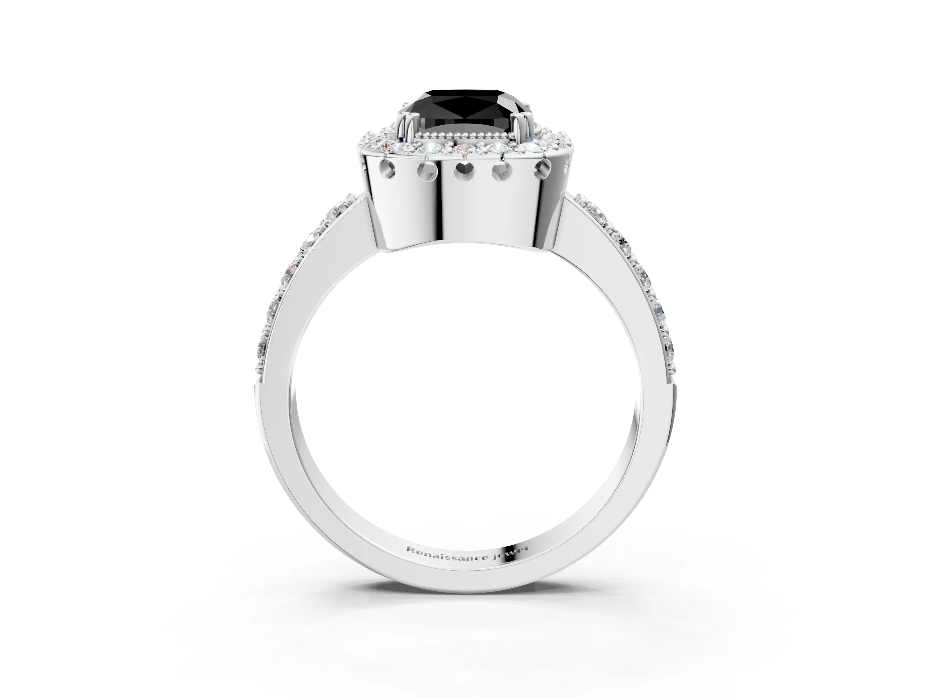 White gold Fancy Black Cushion Cut Diamond Halo Ring with Pavé Band and Prong Setting_3