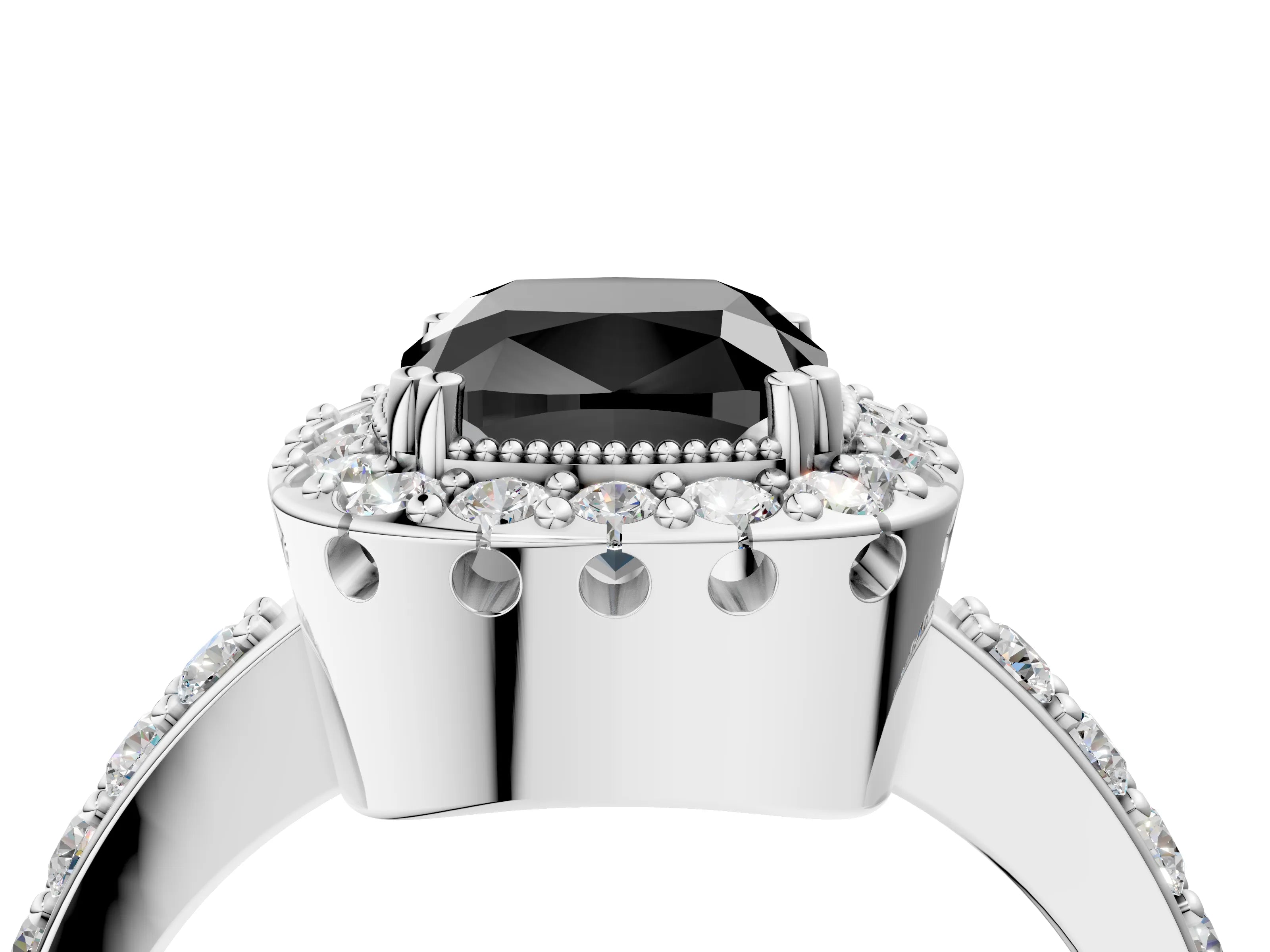 White gold Fancy Black Cushion Cut Diamond Halo Ring with Pavé Band and Prong Setting_4