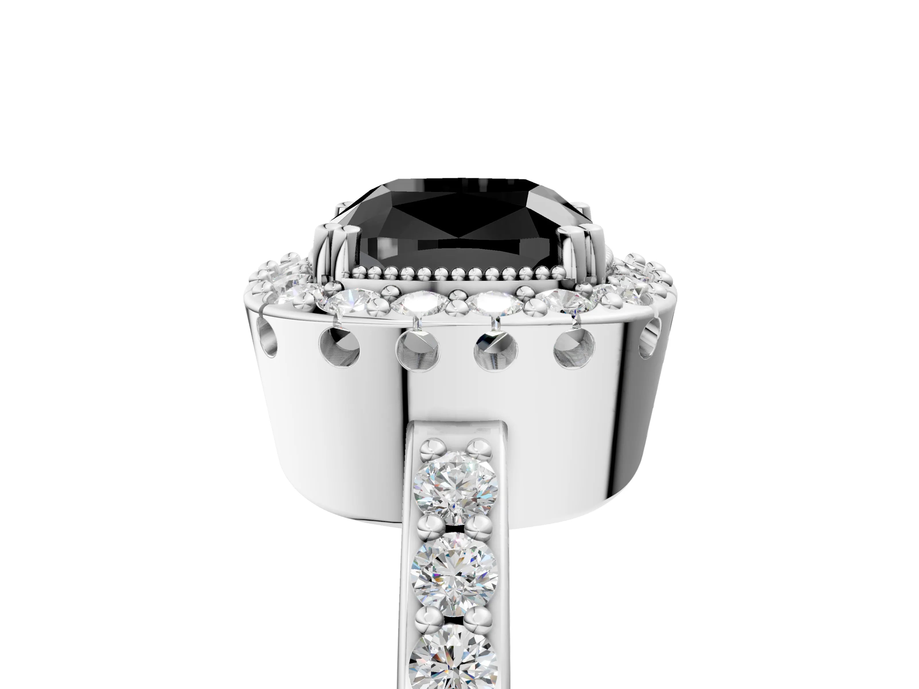 White gold Fancy Black Cushion Cut Diamond Halo Ring with Pavé Band and Prong Setting_5