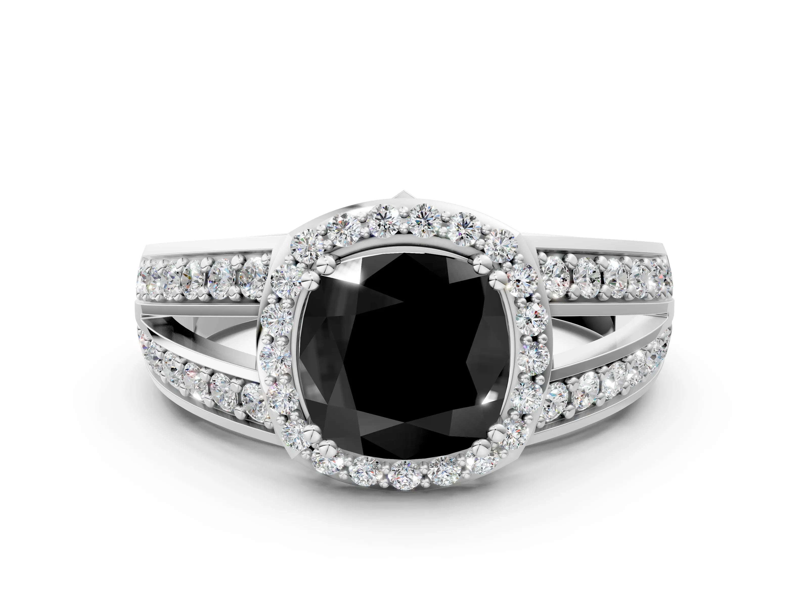 White gold Fancy Black Cushion Cut Diamond Halo Ring with Split Shank Pavé Band and Four-Prong Setting