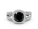 White gold Fancy Black Cushion Cut Diamond Halo Ring with Split Shank Pavé Band and Four-Prong Setting