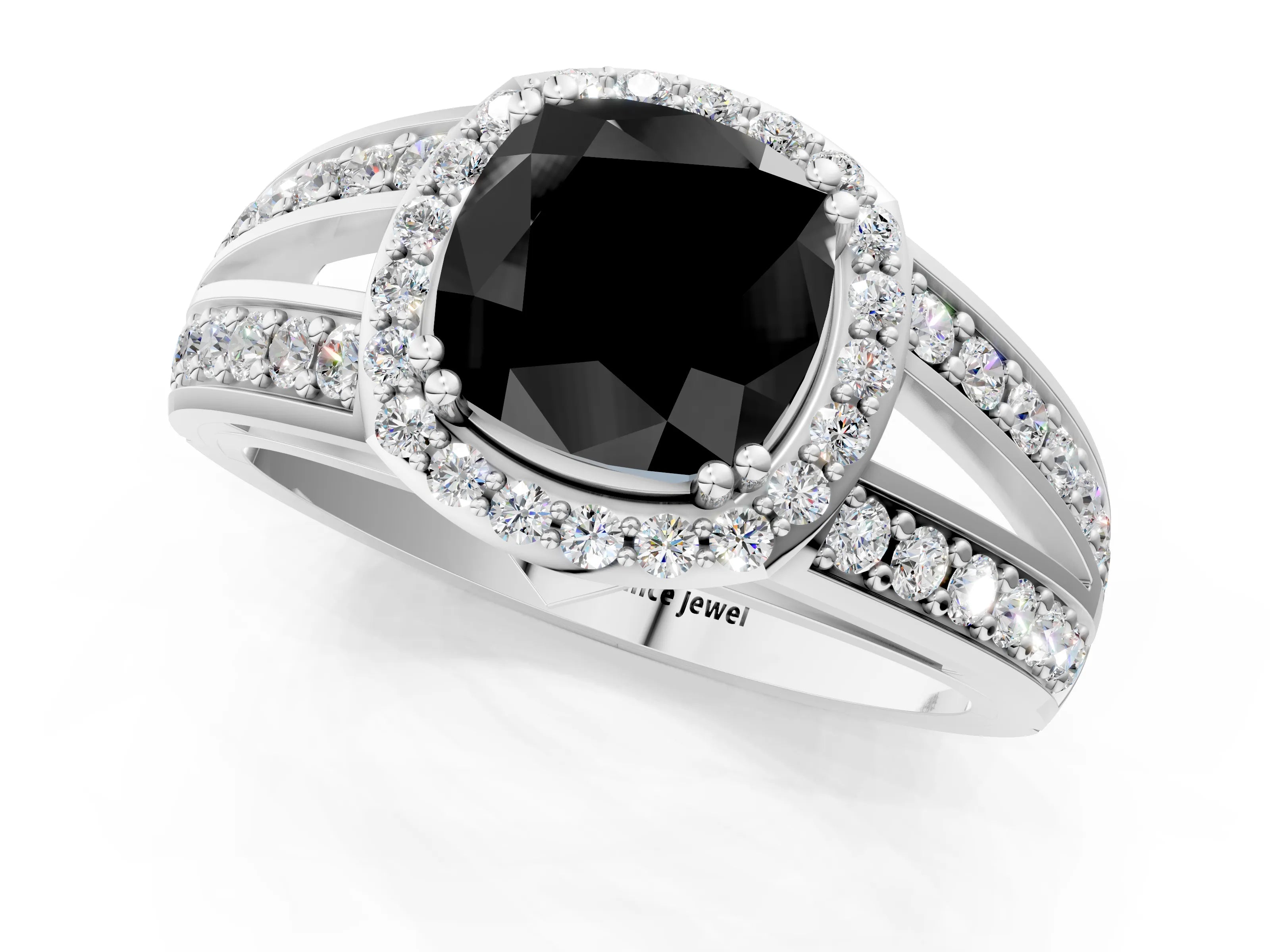White gold Fancy Black Cushion Cut Diamond Halo Ring with Split Shank Pavé Band and Four-Prong Setting_13