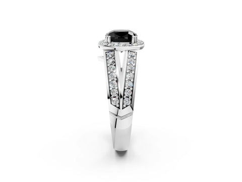 White gold Fancy Black Cushion Cut Diamond Halo Ring with Split Shank Pavé Band and Four-Prong Setting_14
