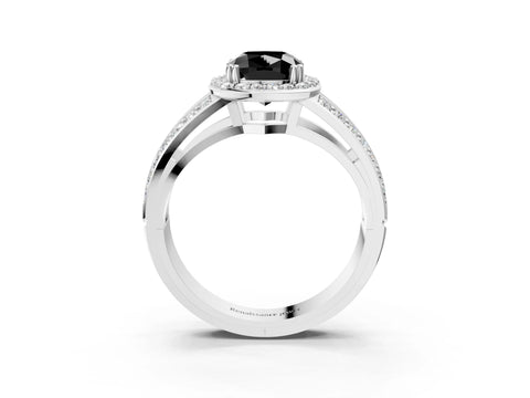 White gold Fancy Black Cushion Cut Diamond Halo Ring with Split Shank Pavé Band and Four-Prong Setting_15