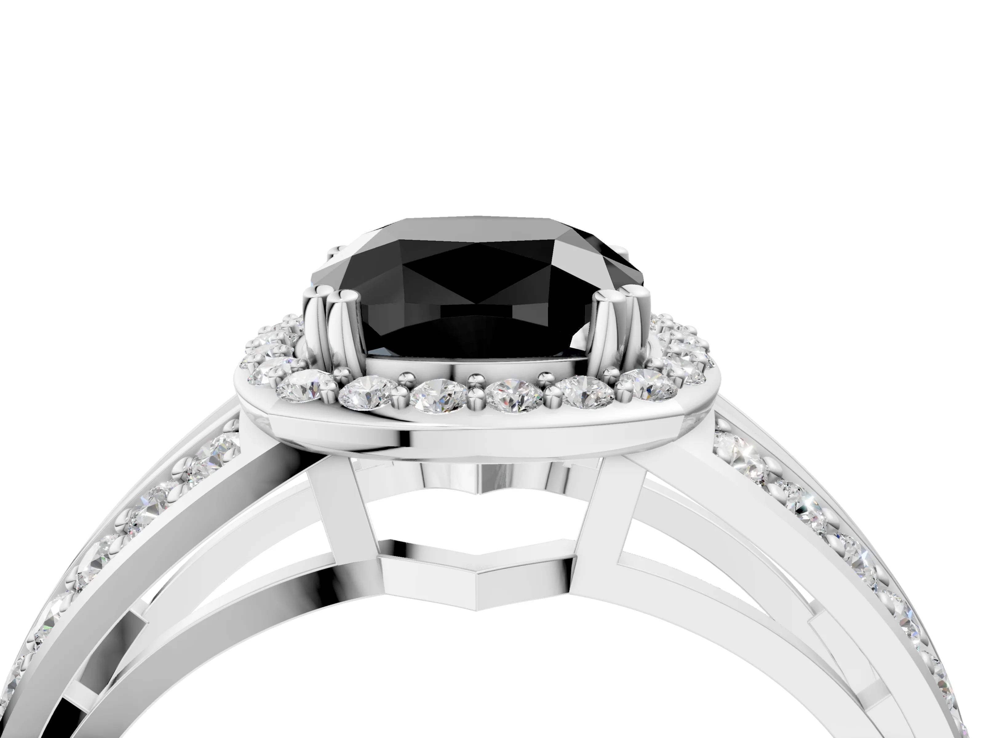 White gold Fancy Black Cushion Cut Diamond Halo Ring with Split Shank Pavé Band and Four-Prong Setting_16