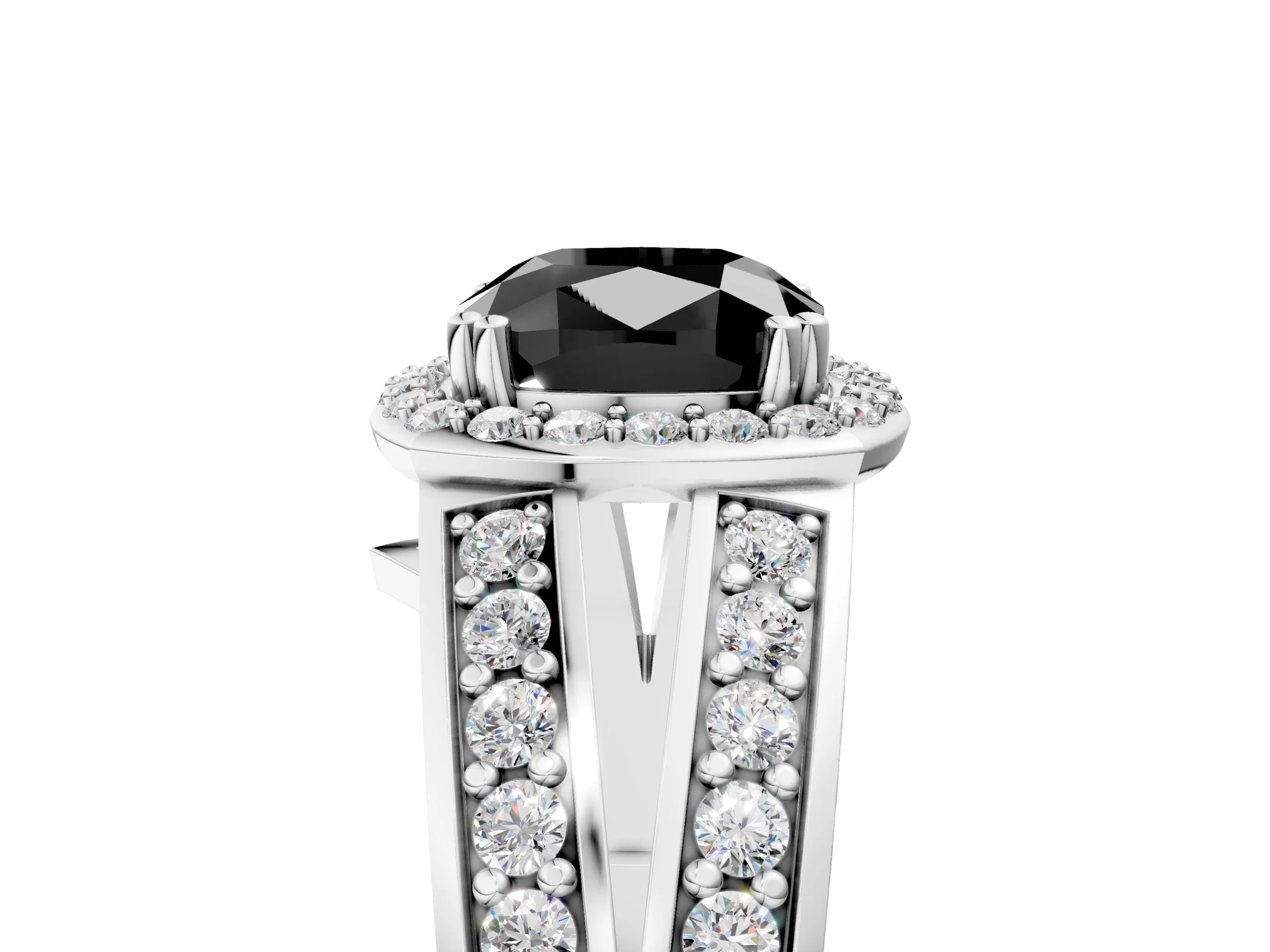 White gold Fancy Black Cushion Cut Diamond Halo Ring with Split Shank Pavé Band and Four-Prong Setting_17