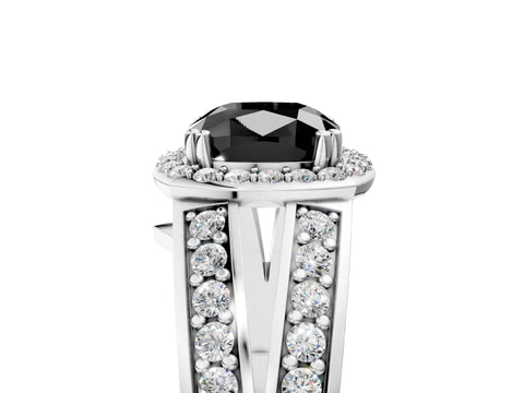White gold Fancy Black Cushion Cut Diamond Halo Ring with Split Shank Pavé Band and Four-Prong Setting_17