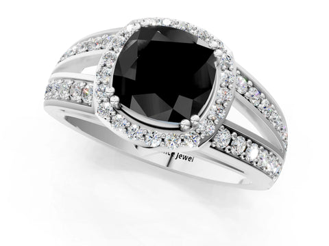 White gold Fancy Black Cushion Cut Diamond Halo Ring with Split Shank Pavé Band and Four-Prong Setting_1