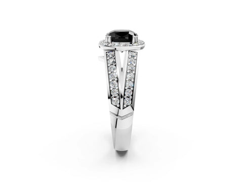White gold Fancy Black Cushion Cut Diamond Halo Ring with Split Shank Pavé Band and Four-Prong Setting_20