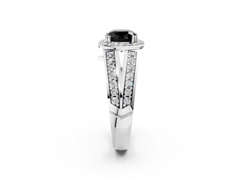 White gold Fancy Black Cushion Cut Diamond Halo Ring with Split Shank Pavé Band and Four-Prong Setting_2