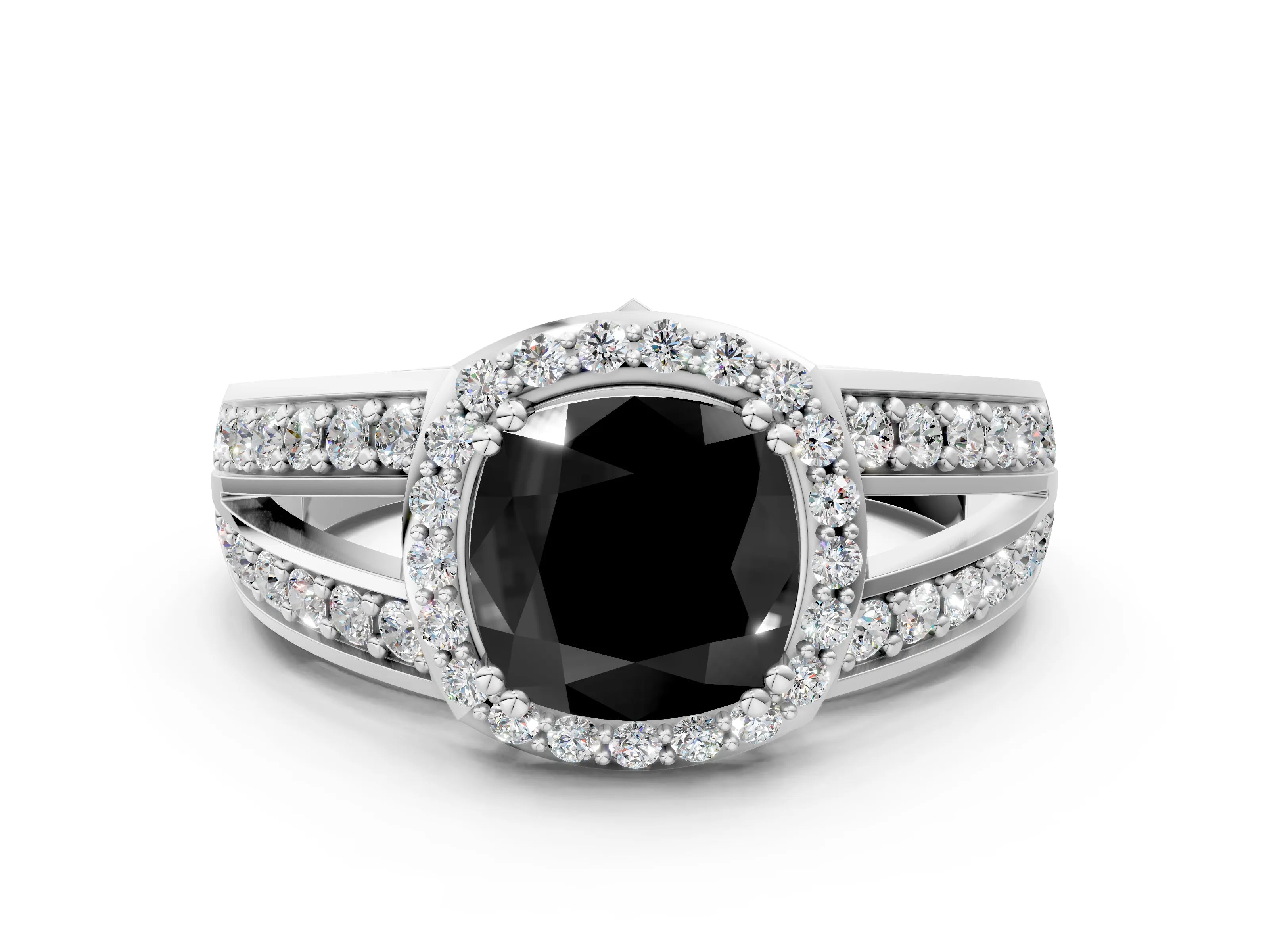 White gold Fancy Black Cushion Cut Diamond Halo Ring with Split Shank Pavé Band and Four-Prong Setting_34
