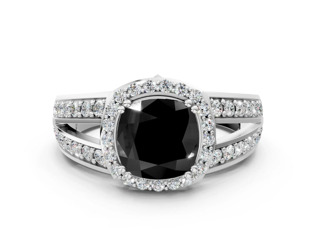 White gold Fancy Black Cushion Cut Diamond Halo Ring with Split Shank Pavé Band and Four-Prong Setting_34