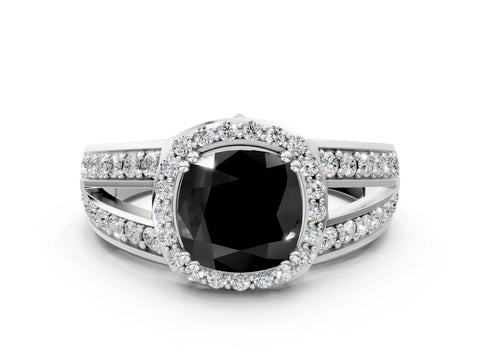 White gold Fancy Black Cushion Cut Diamond Halo Ring with Split Shank Pavé Band and Four-Prong Setting_34