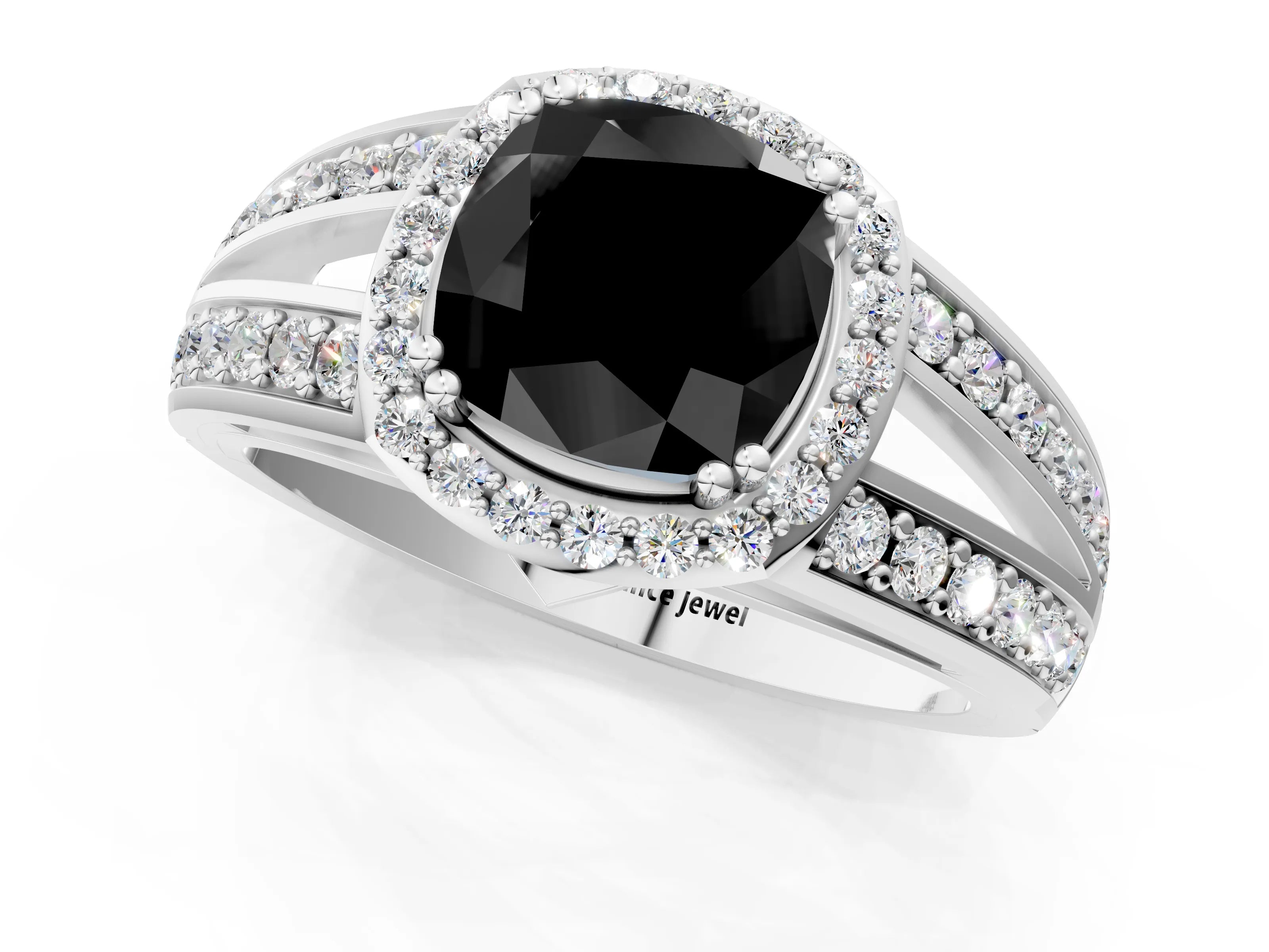 White gold Fancy Black Cushion Cut Diamond Halo Ring with Split Shank Pavé Band and Four-Prong Setting_37