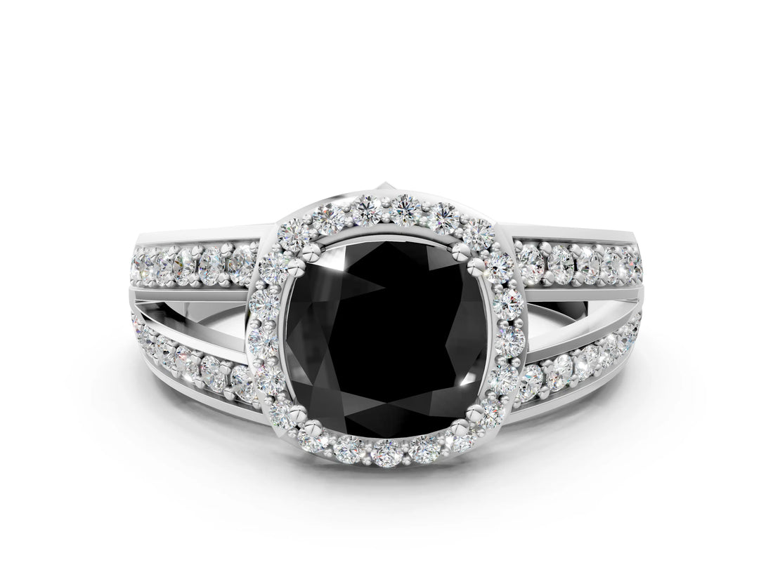 White gold Fancy Black Cushion Cut Diamond Halo Ring with Split Shank Pavé Band and Four-Prong Setting_38