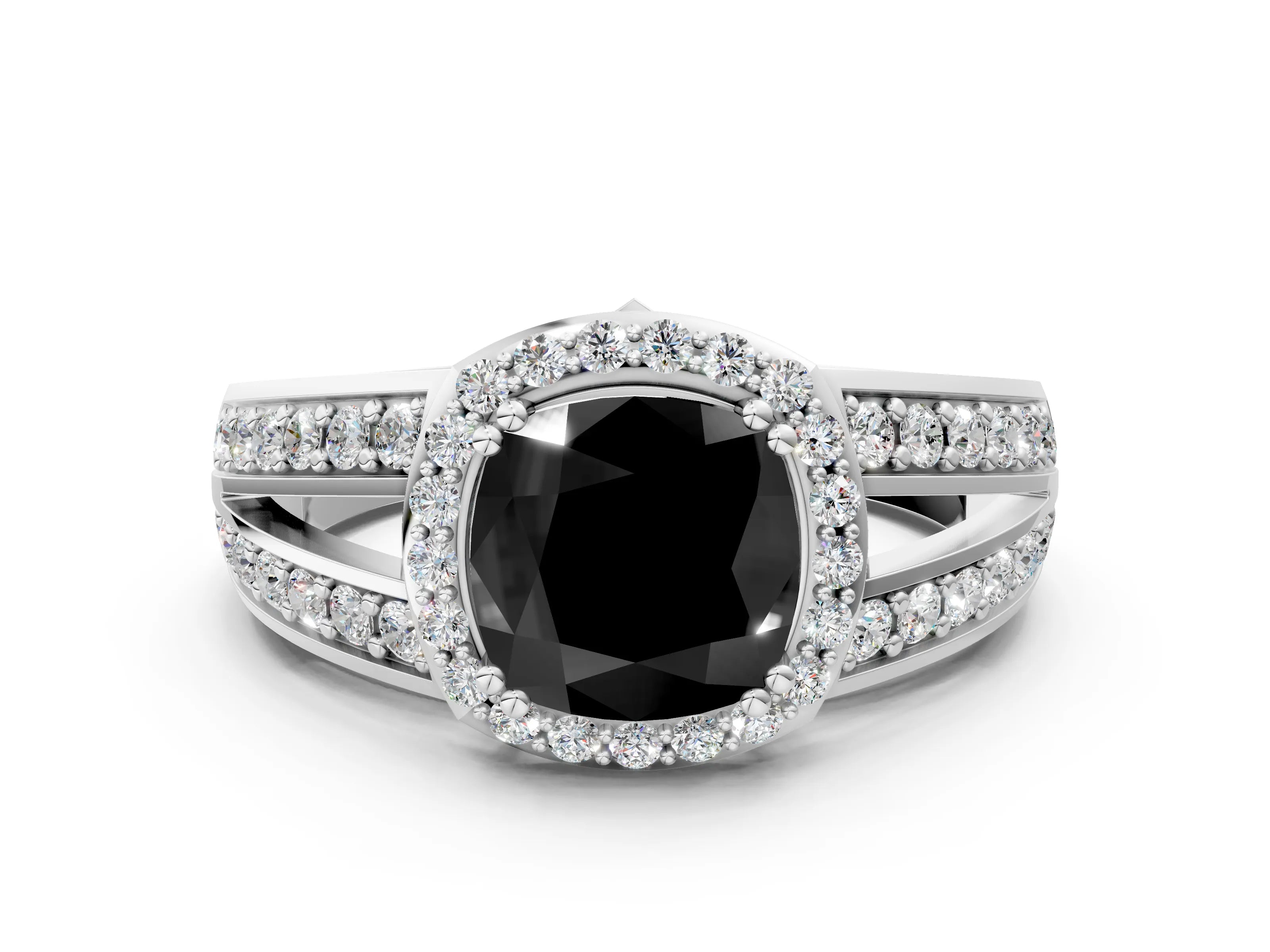 White gold Fancy Black Cushion Cut Diamond Halo Ring with Split Shank Pavé Band and Four-Prong Setting_46