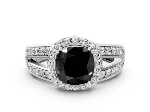 White gold Fancy Black Cushion Cut Diamond Halo Ring with Split Shank Pavé Band and Four-Prong Setting_46