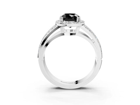 White gold Fancy Black Cushion Cut Diamond Halo Ring with Split Shank Pavé Band and Four-Prong Setting_49
