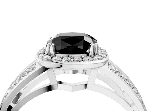 White gold Fancy Black Cushion Cut Diamond Halo Ring with Split Shank Pavé Band and Four-Prong Setting_4