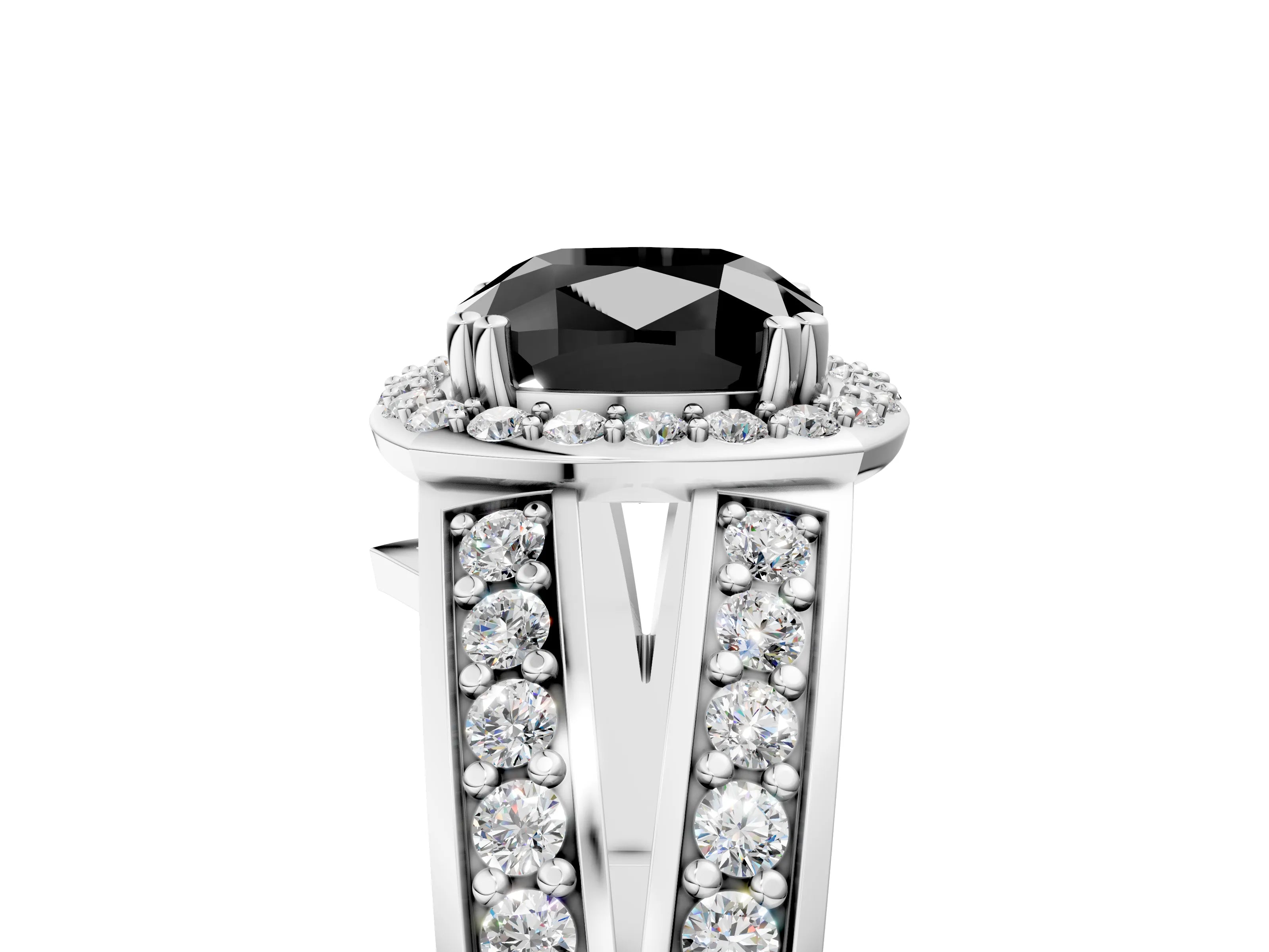 White gold Fancy Black Cushion Cut Diamond Halo Ring with Split Shank Pavé Band and Four-Prong Setting_5