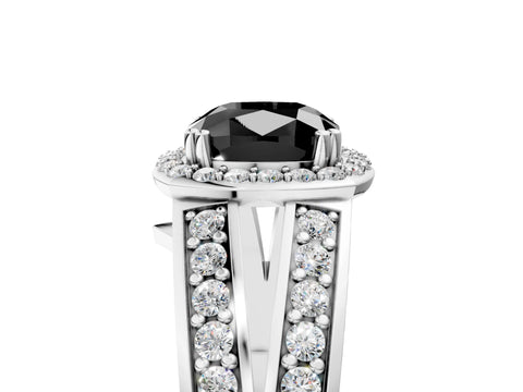 White gold Fancy Black Cushion Cut Diamond Halo Ring with Split Shank Pavé Band and Four-Prong Setting_51