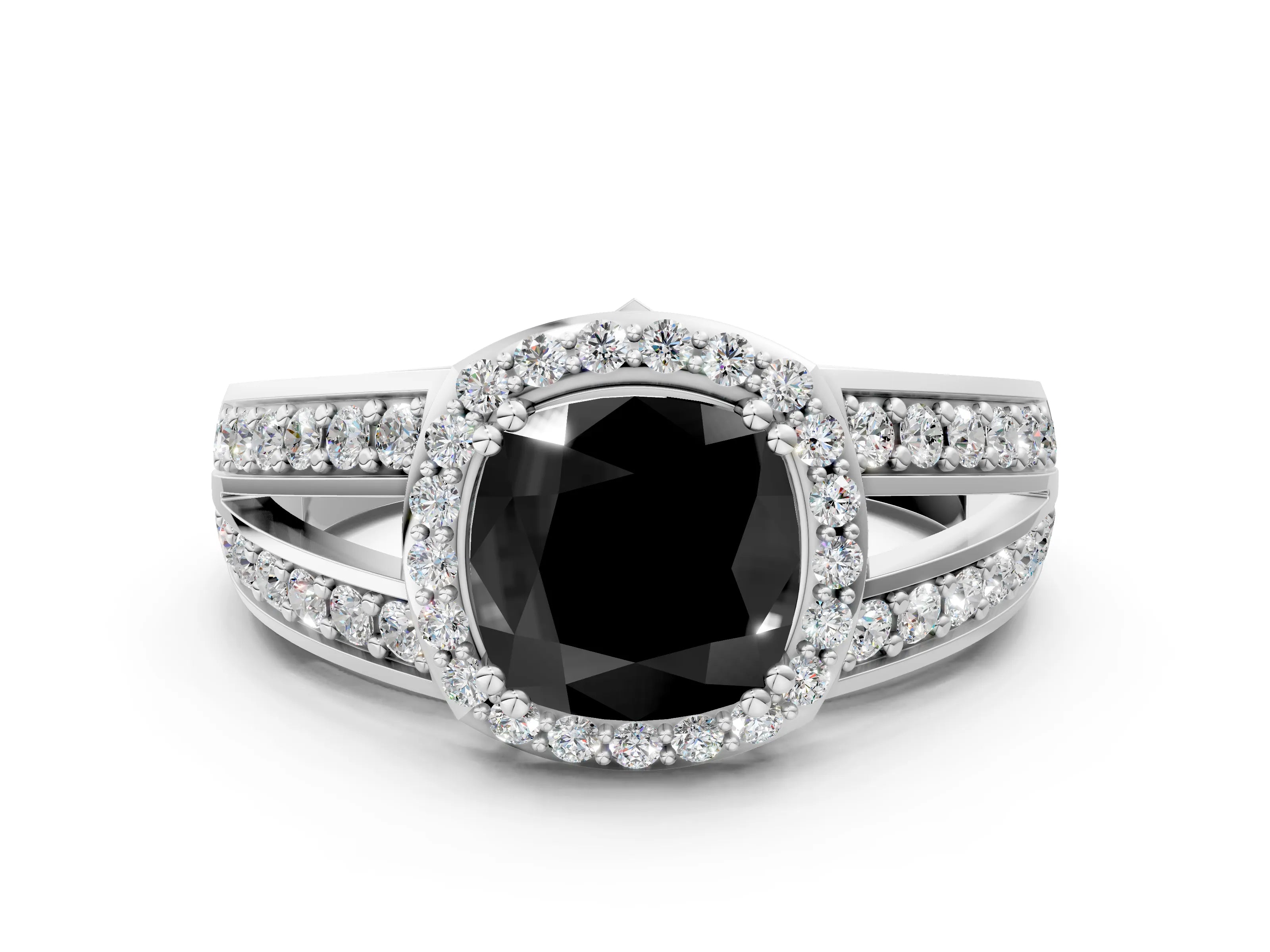 White gold Fancy Black Cushion Cut Diamond Halo Ring with Split Shank Pavé Band and Four-Prong Setting_58