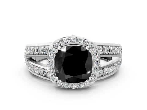 White gold Fancy Black Cushion Cut Diamond Halo Ring with Split Shank Pavé Band and Four-Prong Setting_58