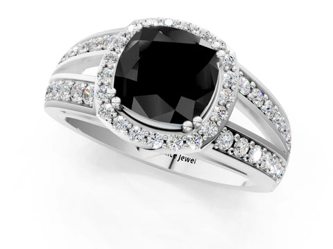 White gold Fancy Black Cushion Cut Diamond Halo Ring with Split Shank Pavé Band and Four-Prong Setting_59