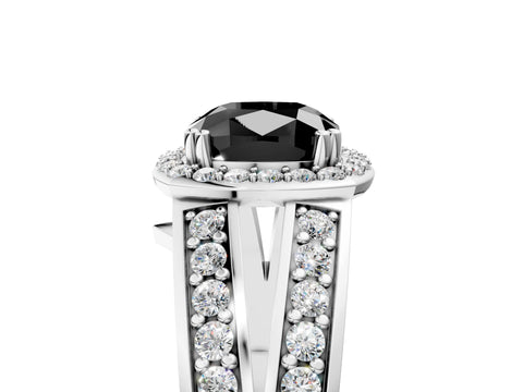 White gold Fancy Black Cushion Cut Diamond Halo Ring with Split Shank Pavé Band and Four-Prong Setting_5