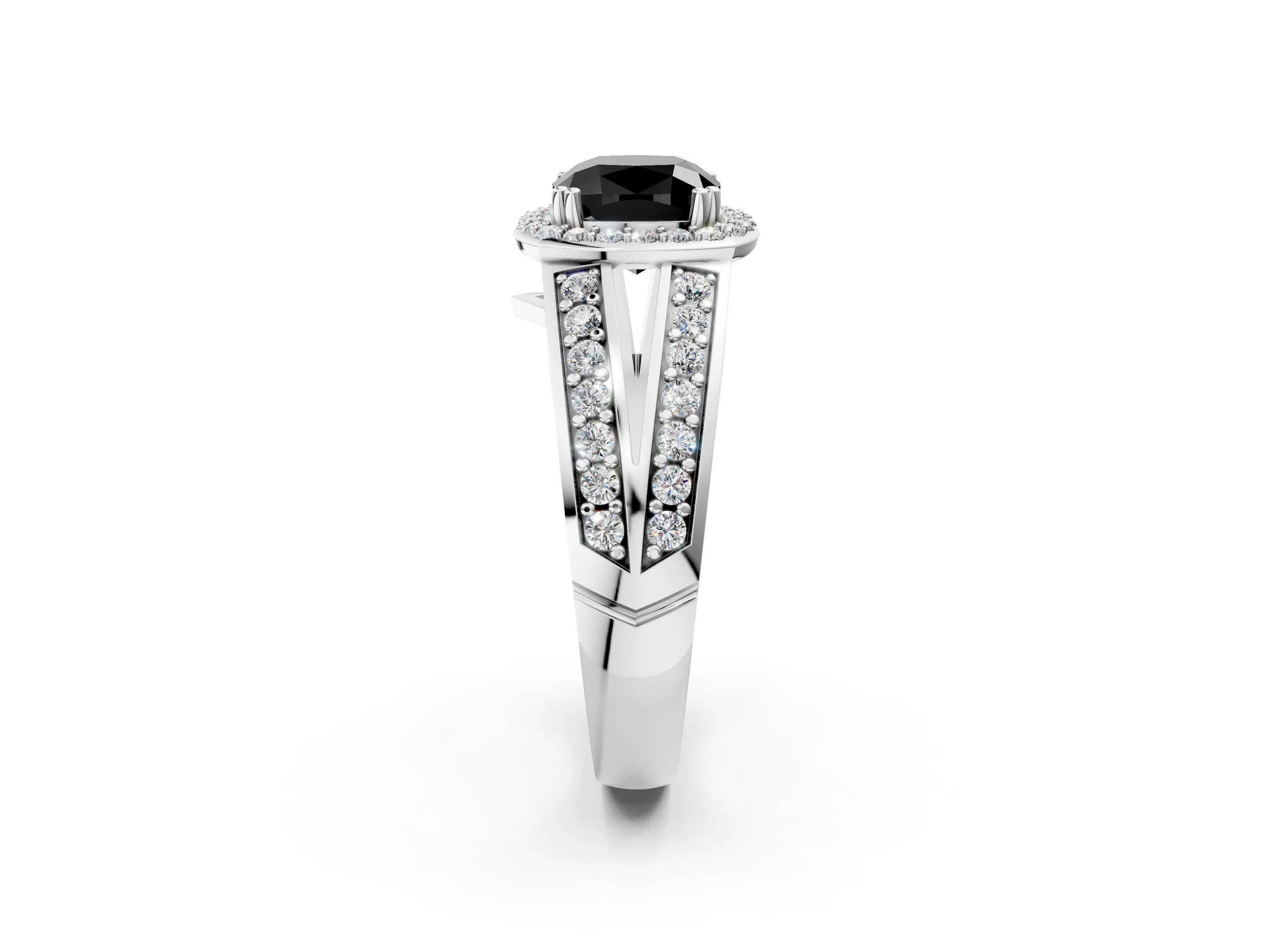 White gold Fancy Black Cushion Cut Diamond Halo Ring with Split Shank Pavé Band and Four-Prong Setting_60