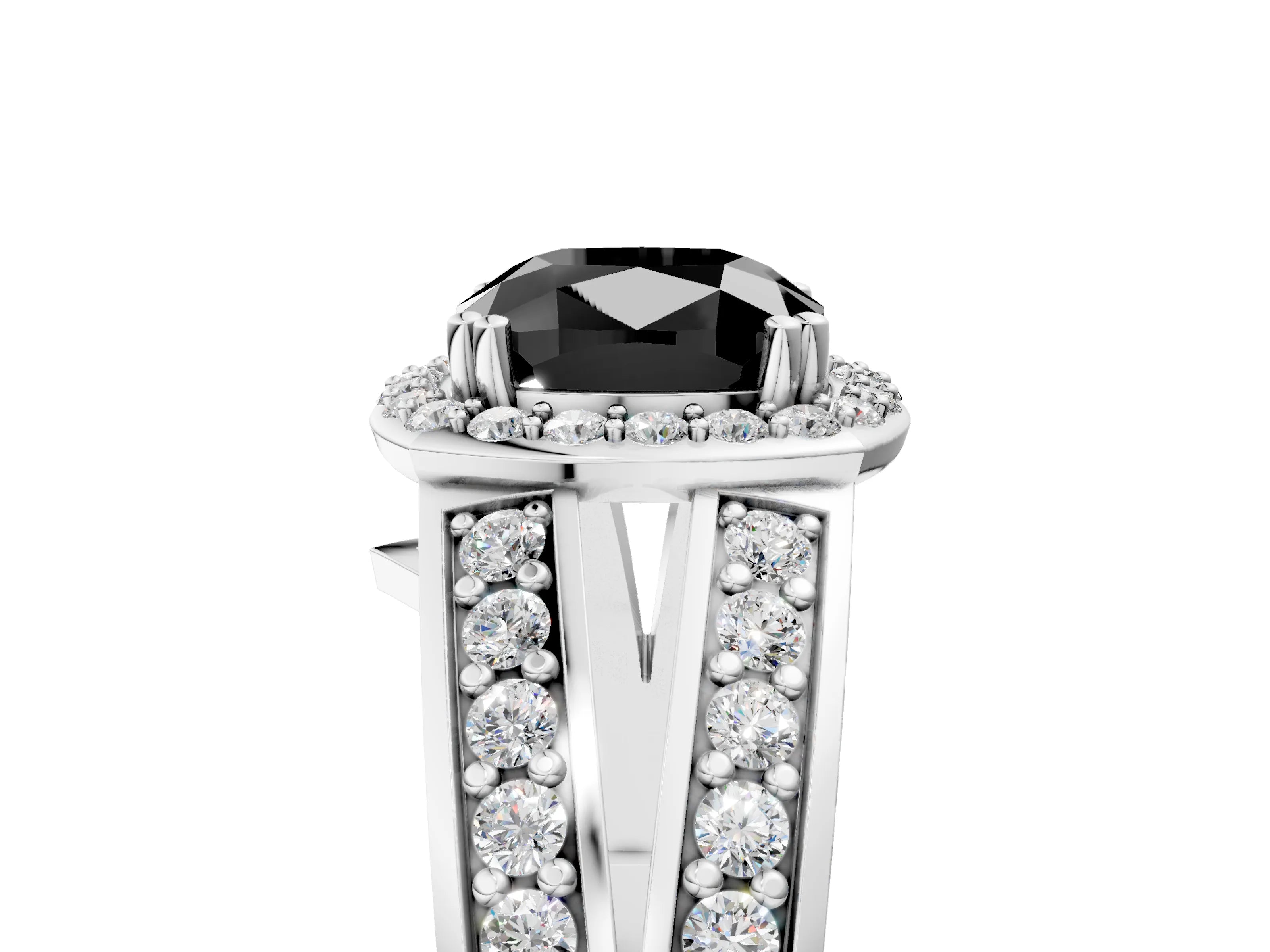 White gold Fancy Black Cushion Cut Diamond Halo Ring with Split Shank Pavé Band and Four-Prong Setting_63