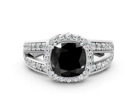 White gold Fancy Black Cushion Cut Diamond Halo Ring with Split Shank Pavé Band and Four-Prong Setting