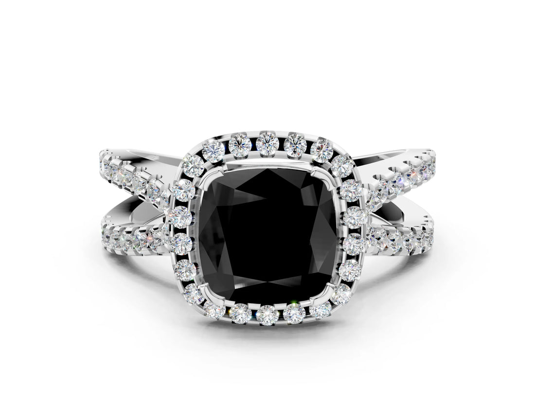 White gold Fancy Black Cushion Cut Diamond Halo Ring with Split Shank Pavé Band and Prong Setting_12