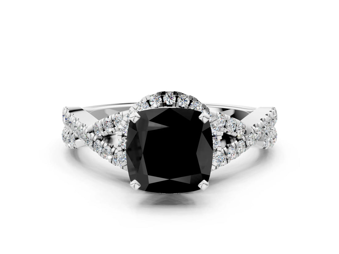 White gold Fancy Black Cushion Cut Diamond  Halo Twist Band Solitaire Prong Setting Ring_12