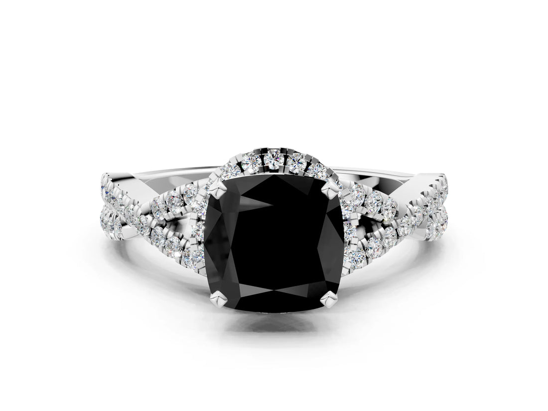 White gold Fancy Black Cushion Cut Diamond Halo Twist Band Solitaire Prong Setting Ring