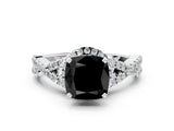 White gold Fancy Black Cushion Cut Diamond Halo Twist Band Solitaire Prong Setting Ring