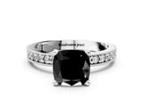 White gold Fancy Black Cushion Cut Diamond Milgrain Pavé Engagement Ring with Four-Prong Setting