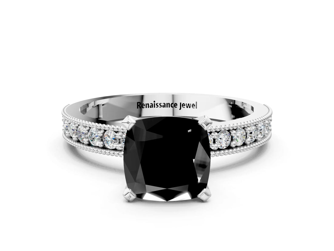 White gold Fancy Black Cushion Cut Diamond Milgrain Pavé Engagement Ring with Four-Prong Setting