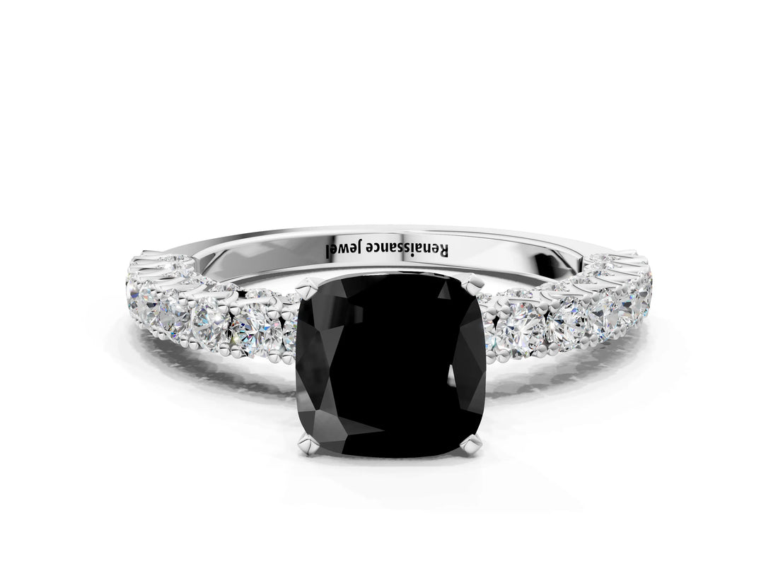White gold Fancy Black Cushion Cut Diamond Pavé Band Solitaire Ring with Prong Setting_24
