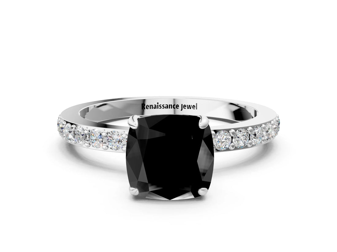 White gold Fancy Black Cushion Cut Diamond Pavé Engagement Ring with Round  Accents and Prong Setting_24