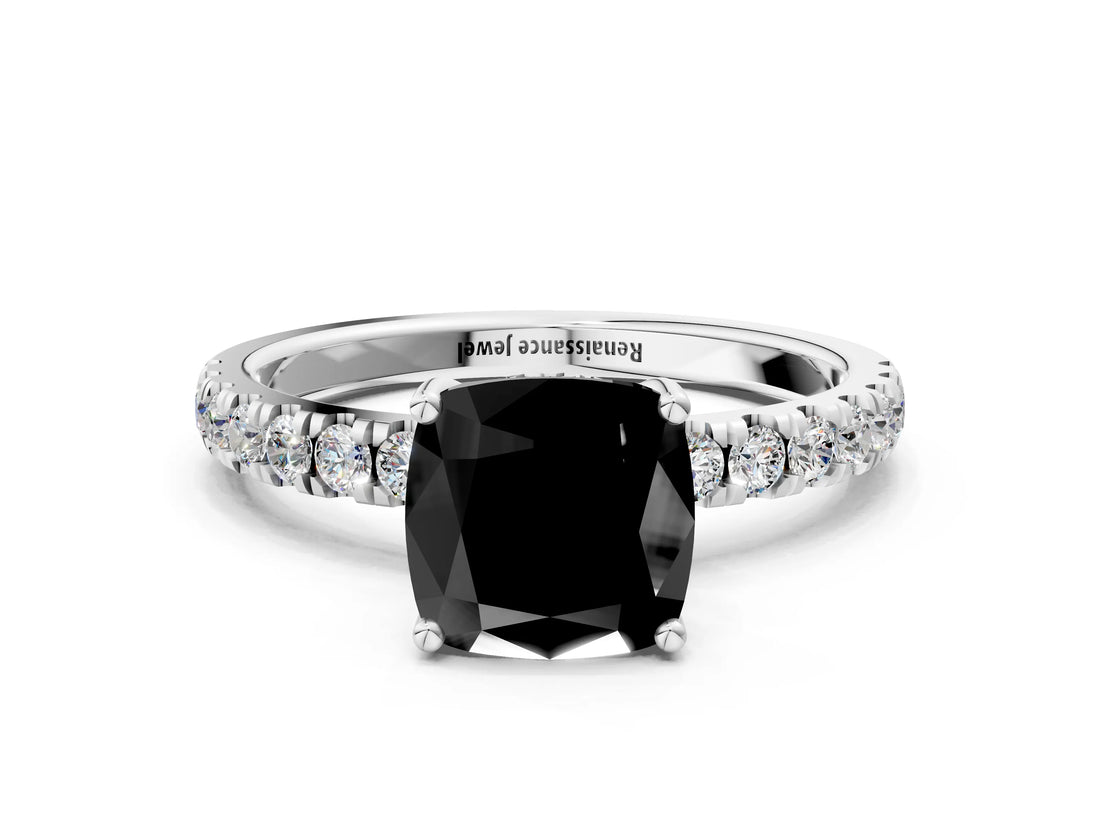 White gold Fancy Black Cushion Cut Diamond Pave Band Solitaire Ring with Round  and Prong Setting_72