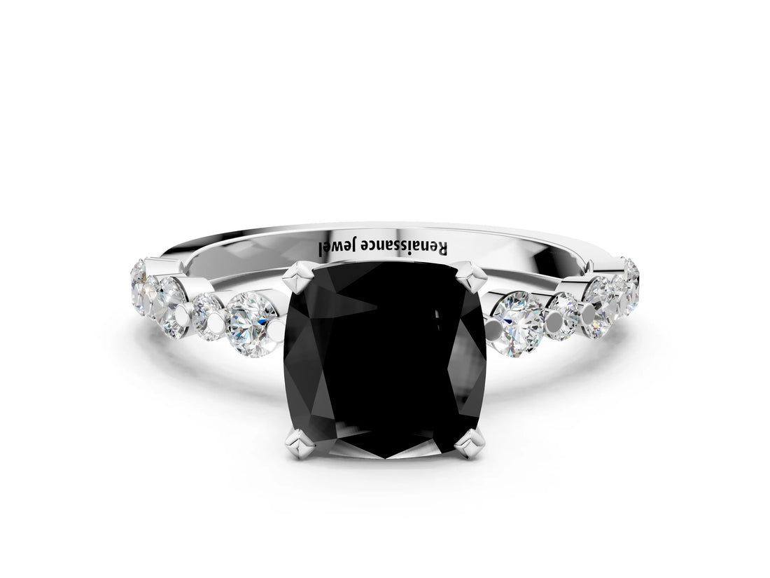 White gold Fancy Black Cushion Cut Diamond Prong Set Engagement Ring with Pave Band