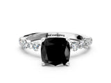 White gold Fancy Black Cushion Cut Diamond Prong Set Engagement Ring with Pave Band
