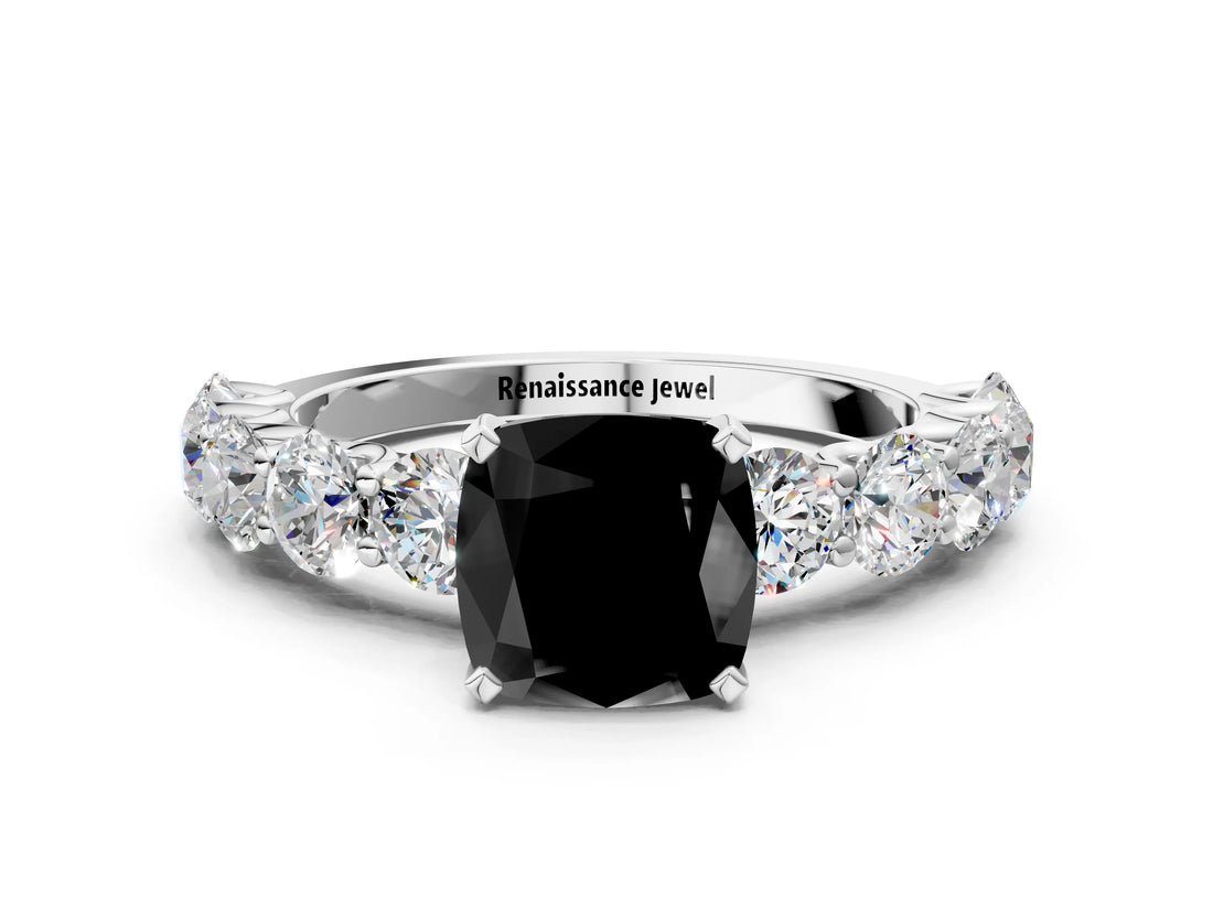 White gold Fancy Black Cushion Cut Diamond Prong Setting with Side Stones on a Pave Band