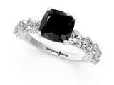 White gold Fancy Black Cushion Cut Diamond Prong Setting with Side Stones on a Pave Band_1