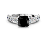 White gold Fancy Black Cushion Cut Diamond Prong Setting with Side Stones on a Pave Band