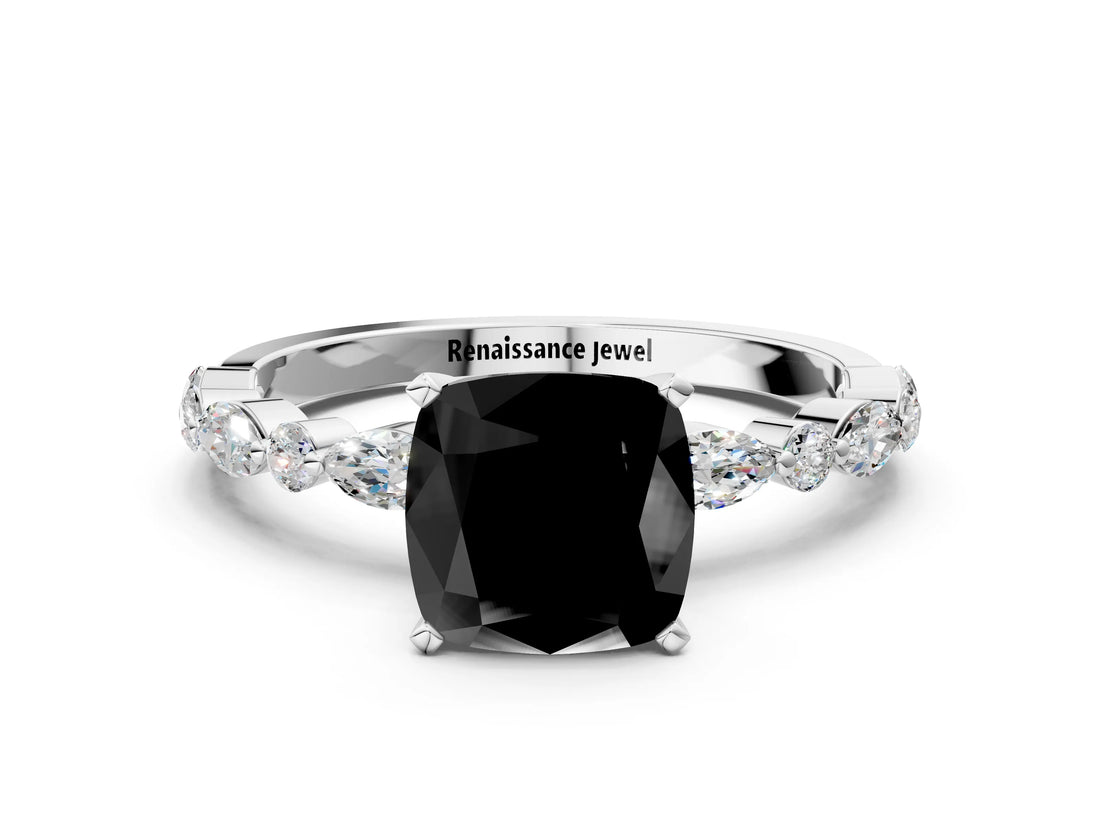 White gold Fancy Black Cushion Cut Diamond Ring with Marquise and Round  Side Stones and Four-Prong Setting_48