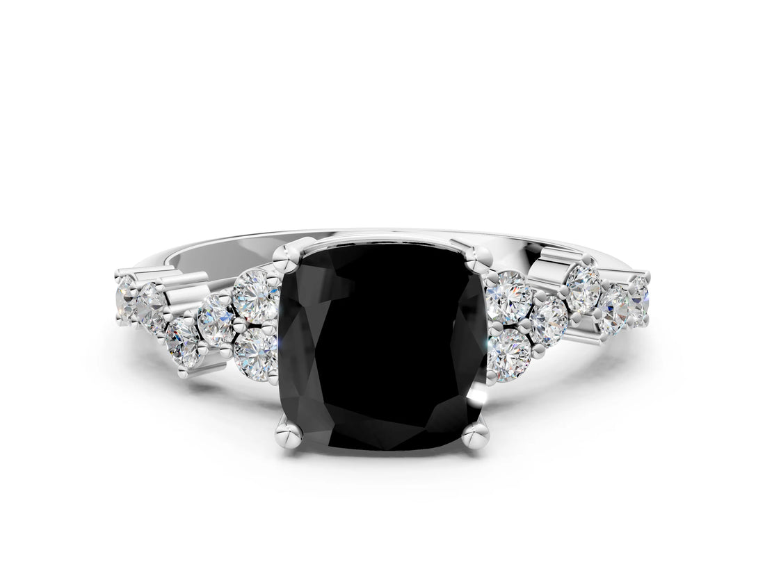 White gold Fancy Black Cushion Cut Diamond Scattered Round Accent Ring with Prong Setting_12