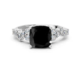 White gold Fancy Black Cushion Cut Diamond Scattered Round Accent Ring with Prong Setting_12
